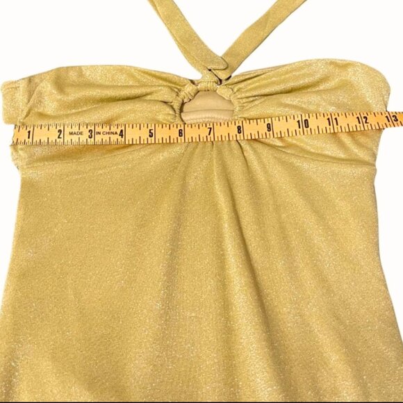 Beginning Boutique Gold Metallic Halter Mini Dress Size 10 Keyhole Party Club - Picture 8 of 9